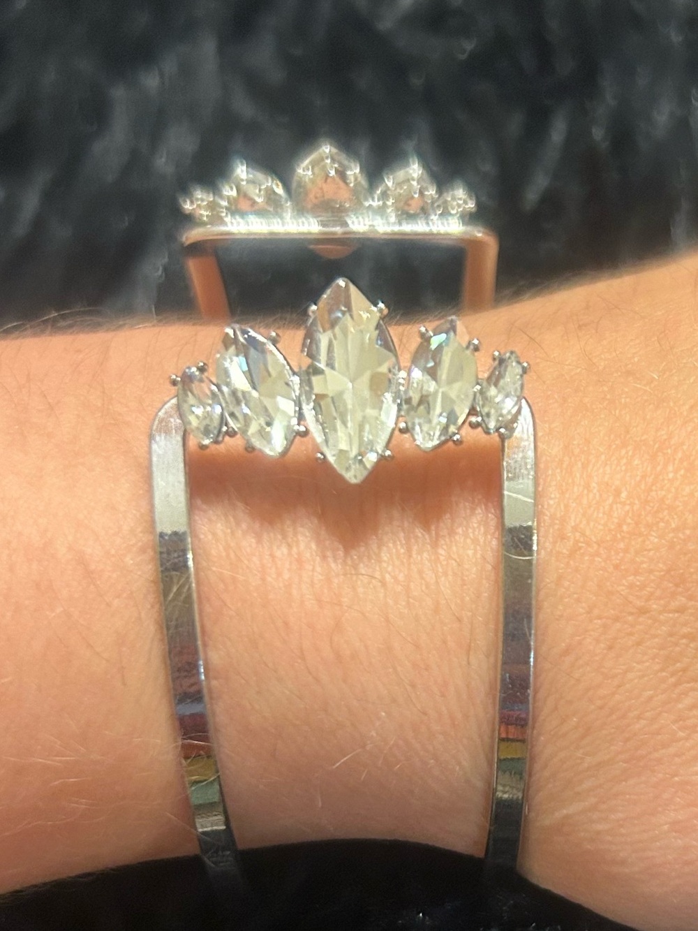 Silver Tone Crystal Open Cuff Bracelet Marquise Rhinestone Statement Bangle
